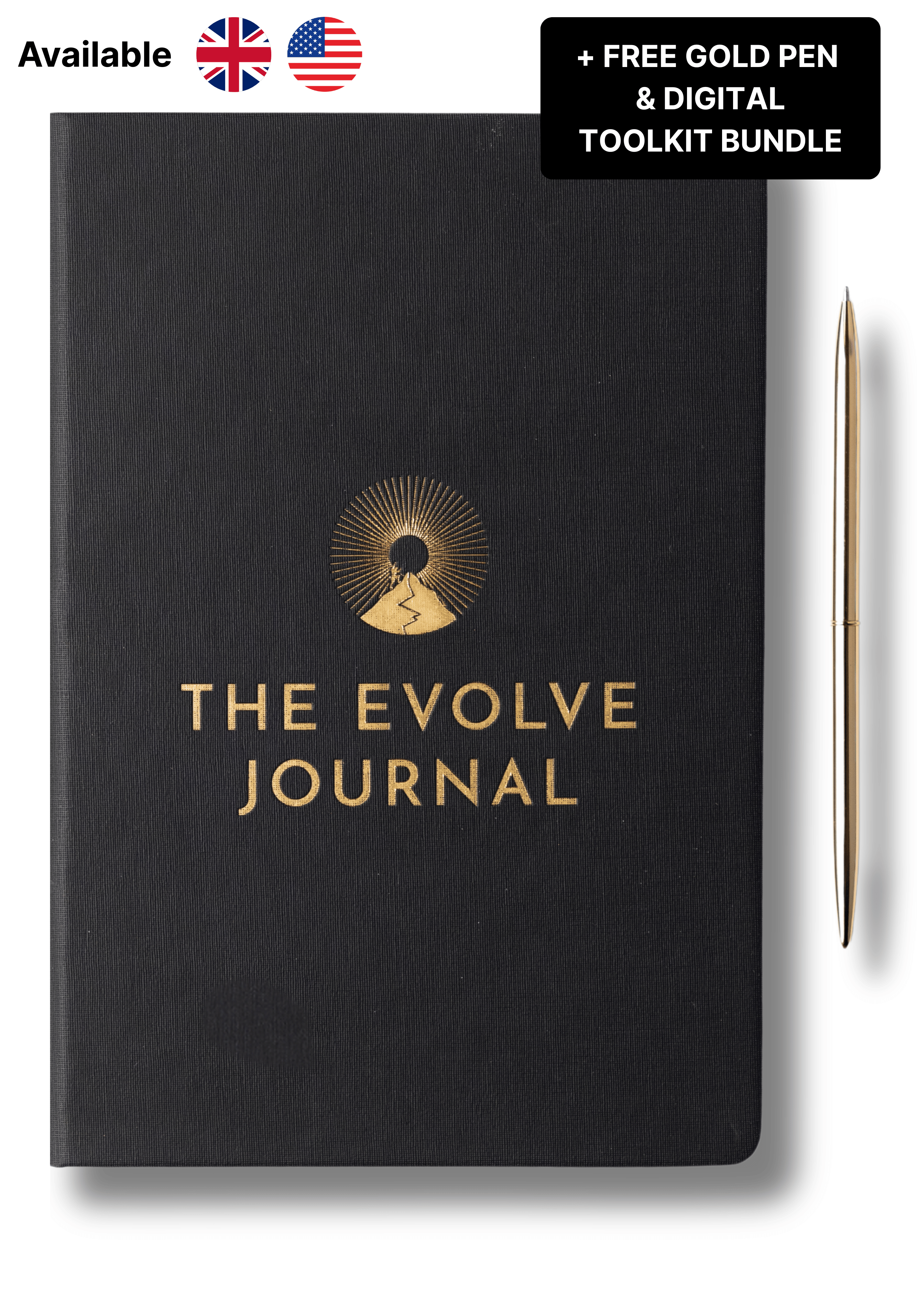 Black journal titled 'The Evolve Journal' with a gold pen beside it.