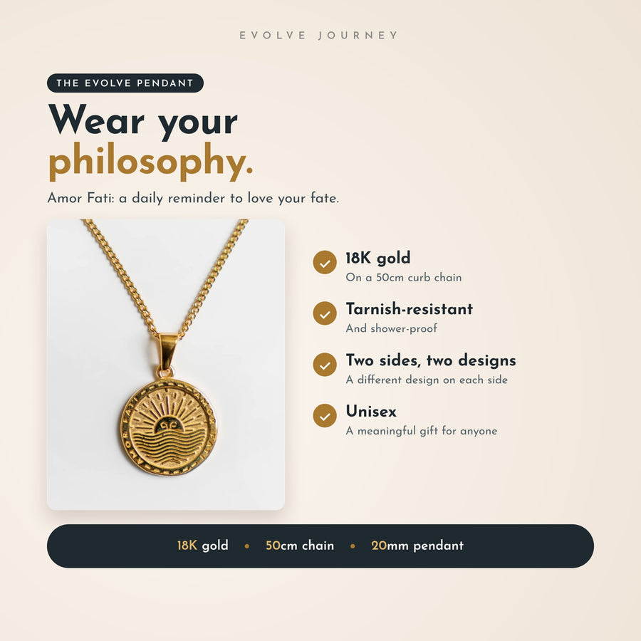 The Evolve Pendant: 18K gold Amor Fati Stoic pendant on a 50cm curb chain, tarnish-resistant, a different design on each side