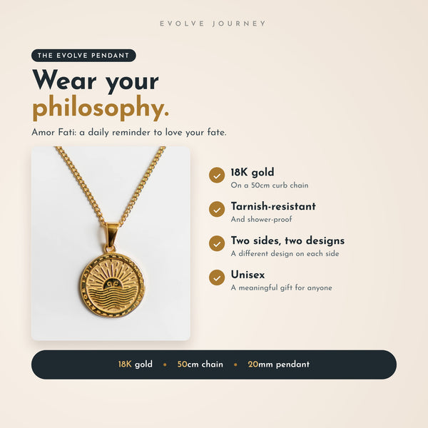 The Evolve Pendant: 18K gold Amor Fati Stoic pendant on a 50cm curb chain, tarnish-resistant, a different design on each side