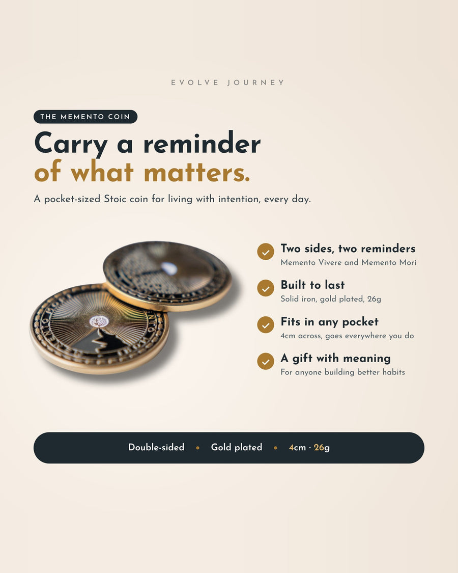 Two gold-plated Memento Coins, Memento Vivere and Memento Mori, a pocket-sized 4cm Stoic coin