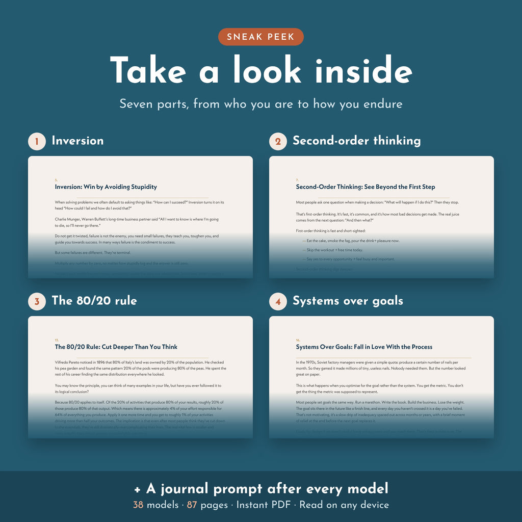 Inside the Mental Models e-book: inversion, second-order thinking, the 80/20 rule and systems over goals pages