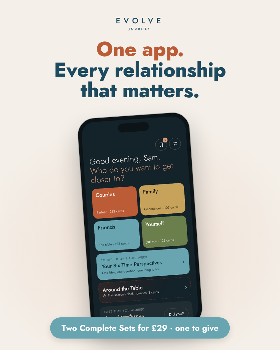 Evolve Conversation Cards app home screen: one app for every relationship, two Complete Sets for £29
